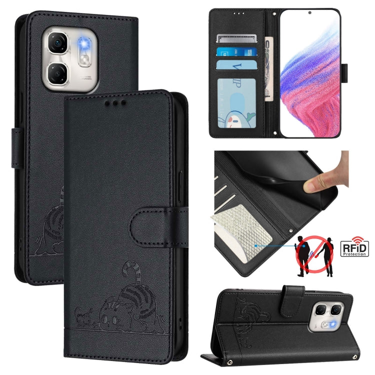 Funda de Cuero Rfid para Infinix Hot 50I 5G y Smart 9 4G con Estampado de Rata y Gato y Cordón (Negro)