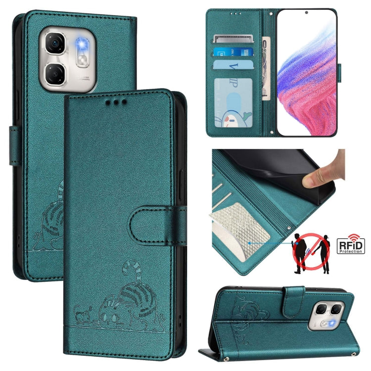 Funda de Cuero Rfid para Infinix Hot 50I 5G y Smart 9 4G con Estampado de Rata y Gato en Relieve y Cordón (Verde Pavo Real)