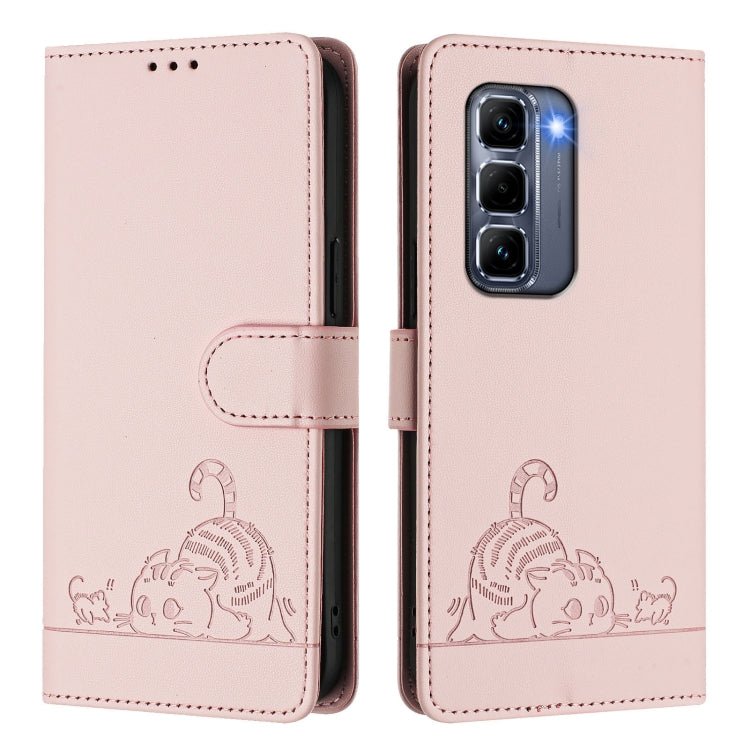 Funda de Cuero Rfid para Infinix Hot 50 Pro+ 4G con Estampado de Rata y Gato y Cordón (Rosa)
