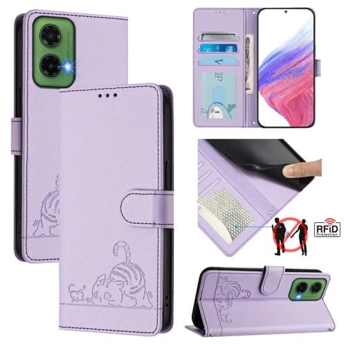Funda de Cuero Rfid para Motorola Moto G35 con Estampado de Rata y Gato en Relieve y Cordón (Morado)