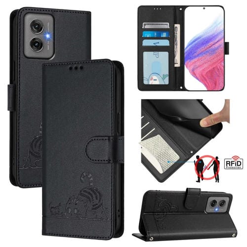 Funda de Cuero Rfid para Motorola Moto G55 con Estampado de Rata y Gato en Relieve y Cordón (Negro)