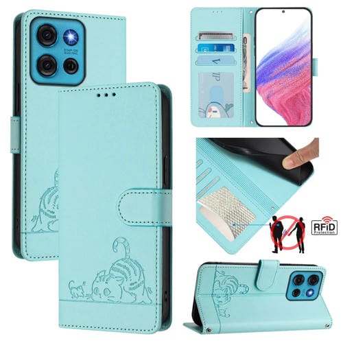 Funda de Cuero Rfid Motorola Moto G75 con Estampado Rata y Gato en Relieve y Cordón (Verde Menta)