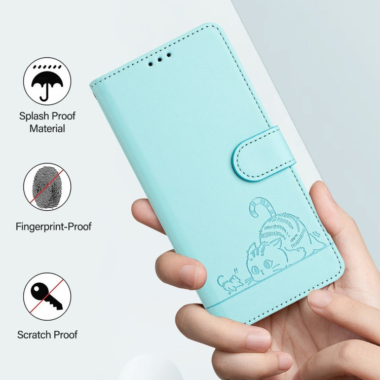 Funda de Cuero Rfid para OnePlus Nord N10 5G con Estampado de Rata y Gato en Relieve y Cordón (Verde Menta)