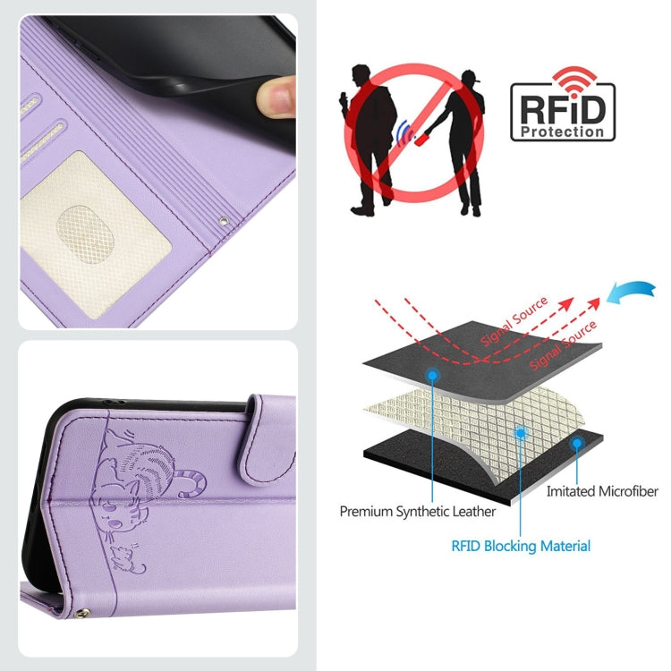 Funda de Cuero Rfid para OnePlus Nord N10 5G con Estampado de Rata y Gato y Cordón (Morado)