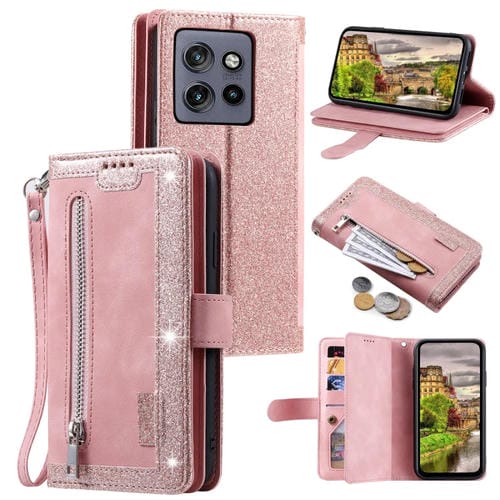 Funda de Cuero con Cremallera y Cordón para Motorola Edge 50 Neo Nine Card (Rosa)