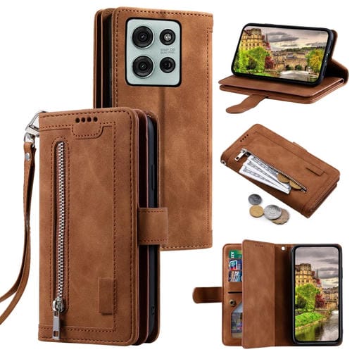 Funda de Cuero con Cremallera y Cordón para Motorola Moto G75 5G con 9 Tarjetas (Marrón)