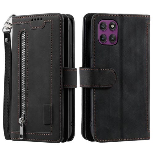 Funda de cuero con cremallera y cordón para Motorola Edge 60 Pro (negro)