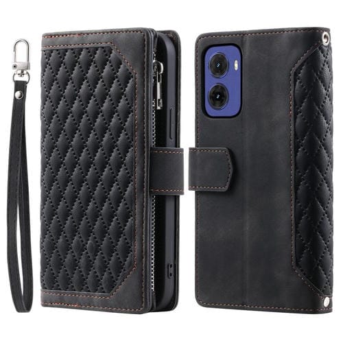 Funda de Cuero con Cremallera y Textura de Cuadrícula para Motorola Moto G05 con Cordón (Negro)