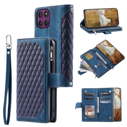 Funda de cuero con cremallera y cordón para Motorola Edge 60 Pro (azul)