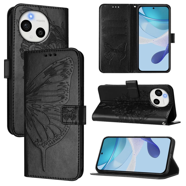 Funda de Cuero para Sharp Aquos Sense9 Plus con Diseño de Mariposa en Relieve (Negra)