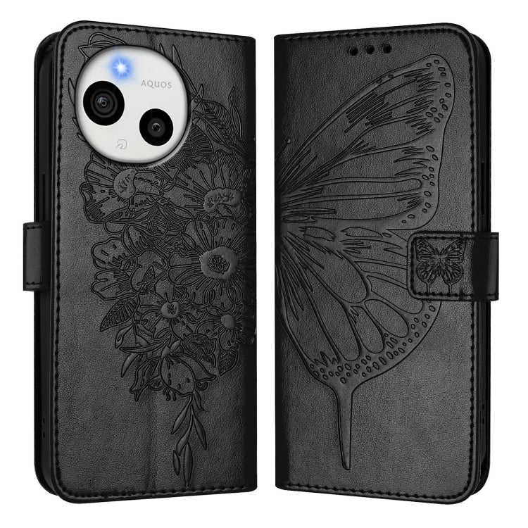 Funda de Cuero para Sharp Aquos Sense9 Plus con Diseño de Mariposa en Relieve (Negra)