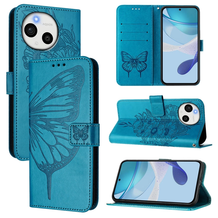 Funda de Cuero para Sharp Aquos Sense9 Plus con Diseño de Mariposa en Relieve (Azul)