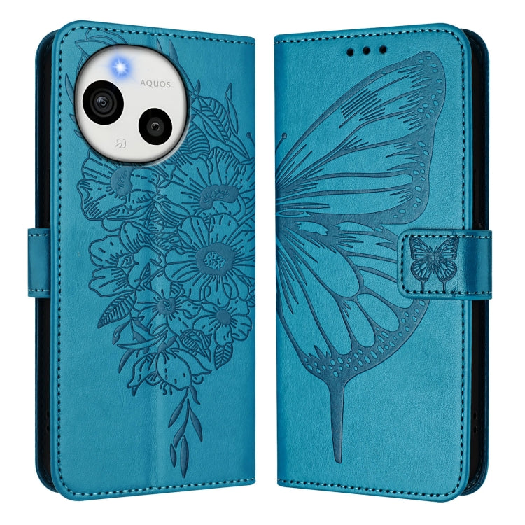 Funda de Cuero para Sharp Aquos Sense9 Plus con Diseño de Mariposa en Relieve (Azul)