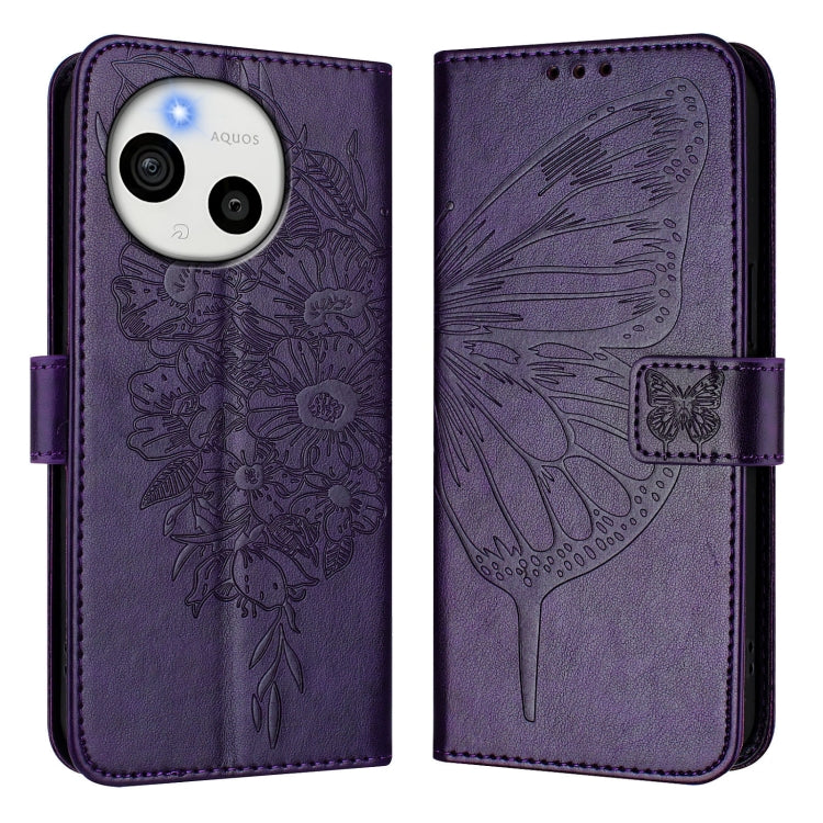 Funda de Cuero para Sharp Aquos Sense9 Plus con Diseño de Mariposa En Relieve (Morado Oscuro)