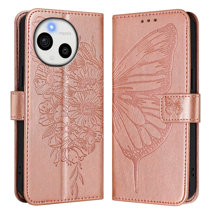 Funda de Cuero para Sharp Aquos Sense9 con Diseño de Mariposa En Relieve (Oro Rosa)