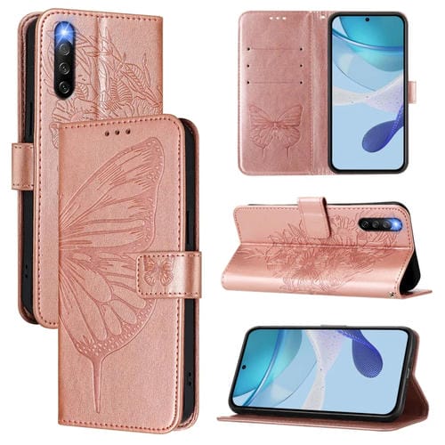Funda de Cuero para Sony Xperia 10 Iv con Diseño de Mariposa En Relieve (Oro Rosa)