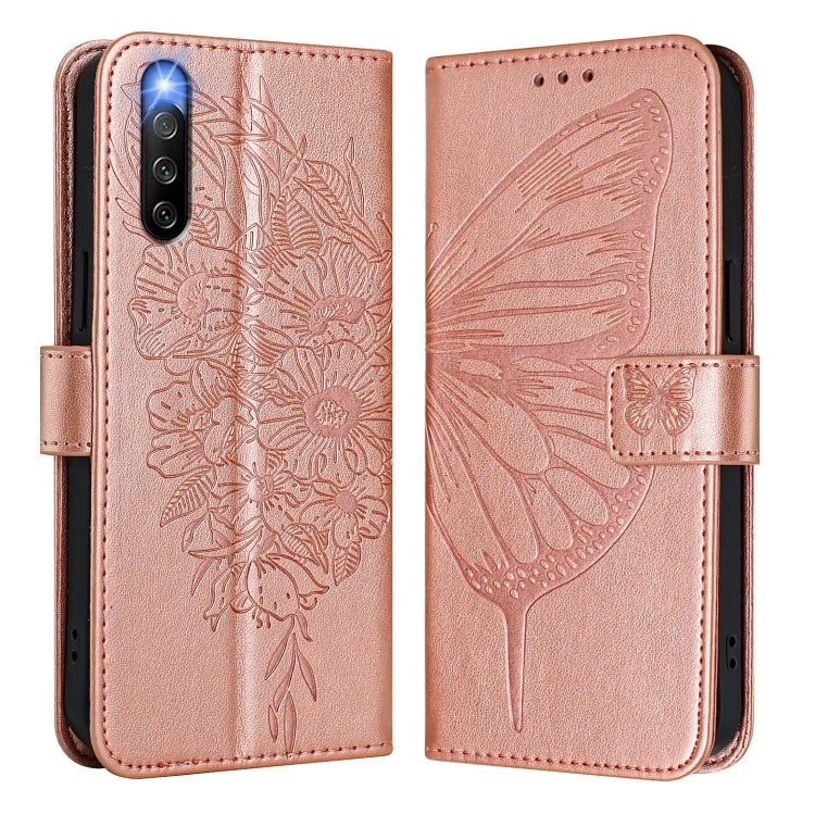 Funda de Cuero para Sony Xperia 10 Iv con Diseño de Mariposa En Relieve (Oro Rosa)