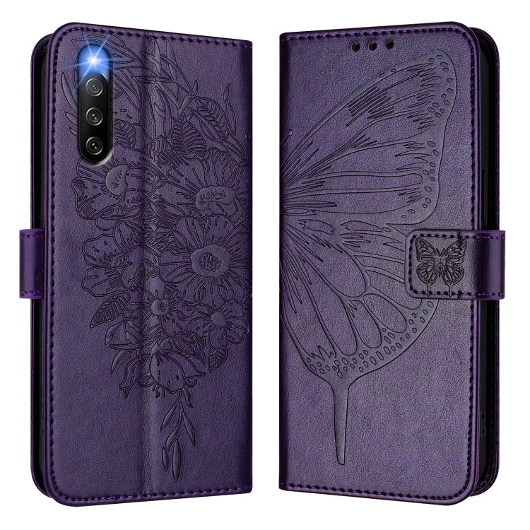 Funda de Cuero para Sony Xperia 10 Iv con Diseño de Mariposa en Relieve (Morado Oscuro)