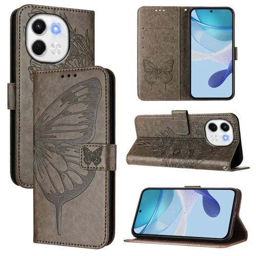 Funda de Piel para Tecno Spark 30 5G y Pova 6 Neo 5G con Diseño de Mariposa En Relieve (Gris)