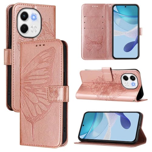 Funda de Piel para Tecno Spark 30 5G y Pova 6 Neo 5G con Mariposa en Relieve (Oro Rosa)