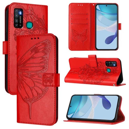 Funda de Cuero para Infinix Hot 9/9 Pro con Diseño de Mariposa en Relieve (Roja)