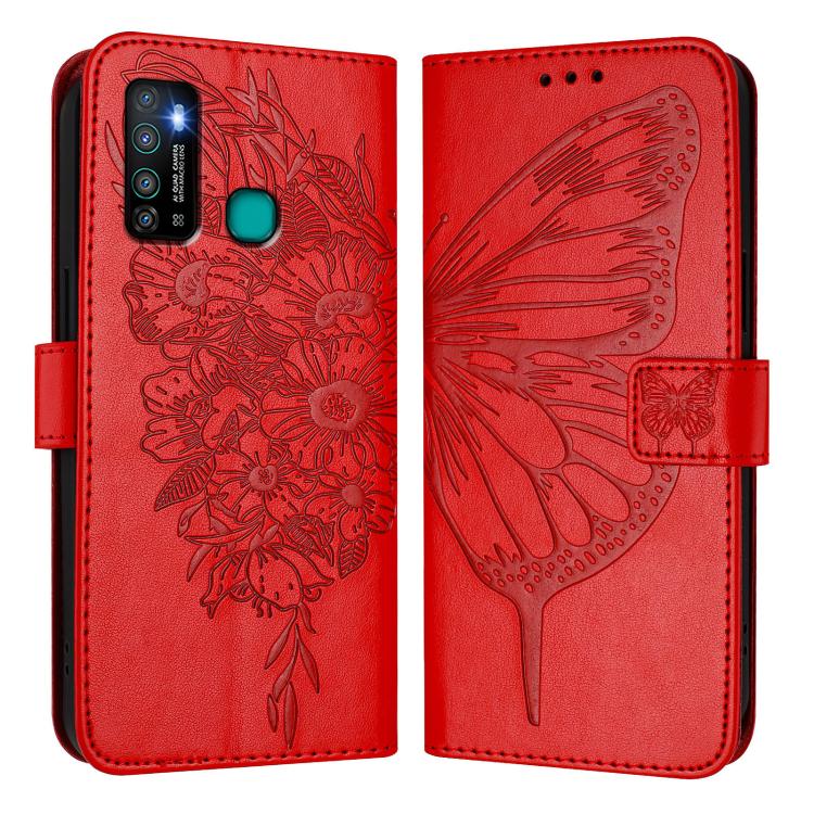 Funda de Cuero para Infinix Hot 9/9 Pro con Diseño de Mariposa en Relieve (Roja)