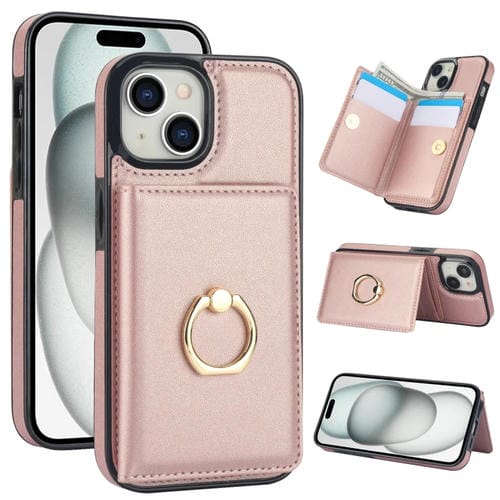 Funda para Teléfono iPhone 15 con Soporte para Anillo y Tarjeta Antirrobo Rfid (Oro Rosa) - MOVILSTORE