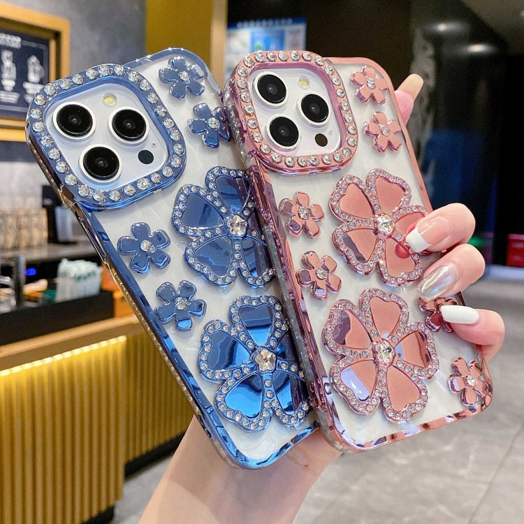 Funda para Teléfono TPU iPhone 15 con Diamantes y Flores Galvanizada (Azul) - MOVILSTORE