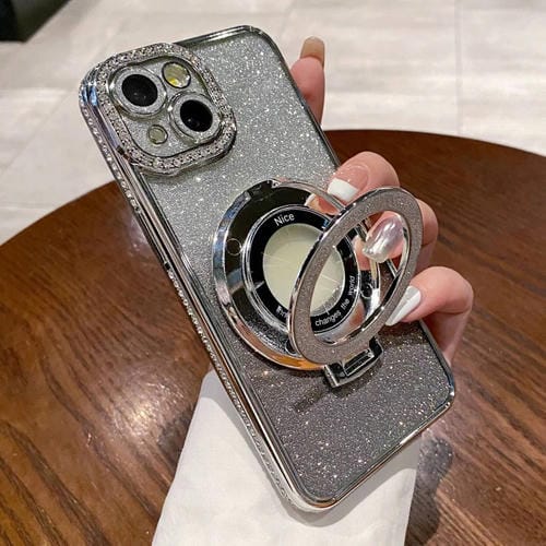 Estuche para Teléfono iPhone 15 Magsafe con Soporte Chapado en Diamantes Brillo Degradado (Plateado) - MOVILSTORE