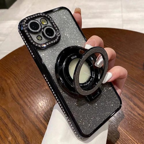 Estuche para teléfono iPhone 15 Magsafe con soporte chapado en diamantes con brillo degradado (Negro) - MOVILSTORE