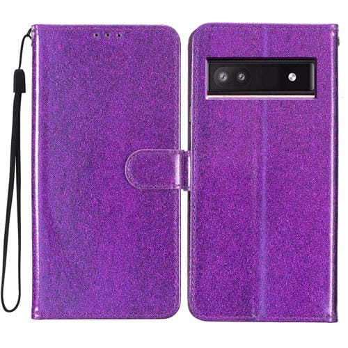 Funda de Cuero con Tapa y Purpurina en Polvo para Google Pixel 9A (Morado)