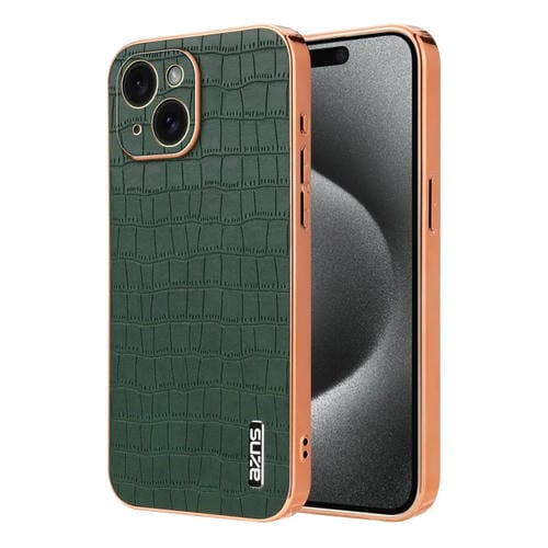 Funda para Teléfono Azns para iPhone 15 Cobertura Total Textura de Cocodrilo Marco Galvanizado (Verde) - MOVILSTORE
