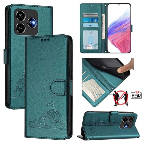 Funda de Cuero Rfid para ZTE Blade V60 con Diseño de Gato y Rata En Relieve y Cordón (Verde Pavo Real)