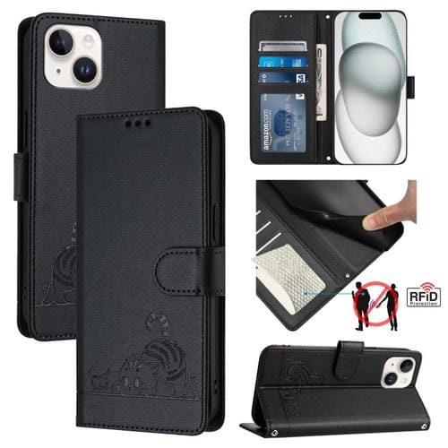 Funda para Teléfono iPhone 15 Cat Rat Patrón En Relieve Rfid Pu con Correa para Muñeca (Negro) - MOVILSTORE
