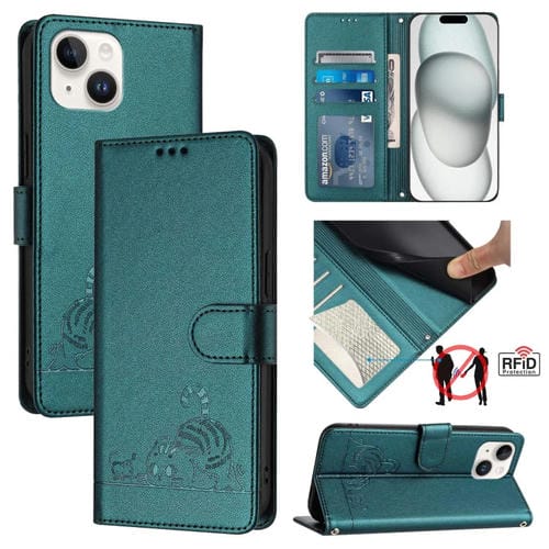Funda para Teléfono iPhone 15 Cat Rat Patrón En Relieve Rfid PU con Correa para la Muñeca (Verde Pavo Real) - MOVILSTORE