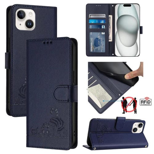 Funda para teléfono iPhone 15 Cat Rat patrón en relieve RFID PU con correa para la muñeca (Azul) - MOVILSTORE
