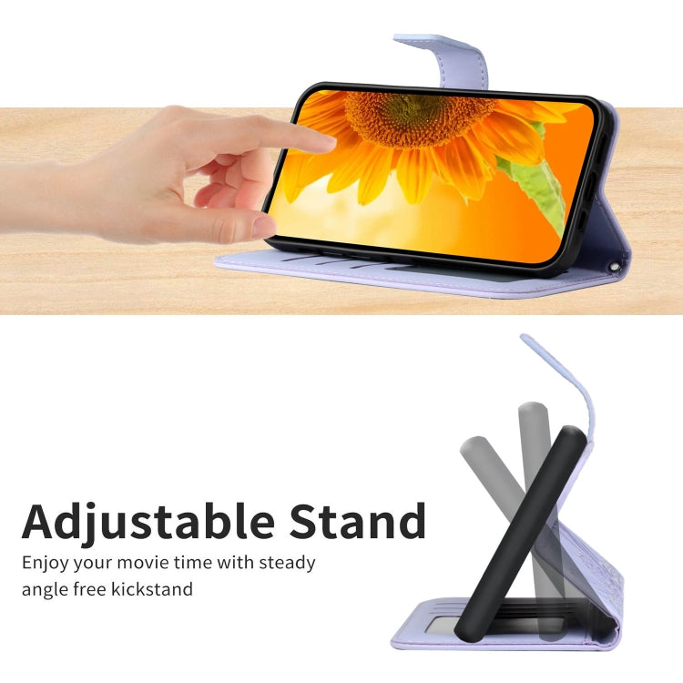 Funda de Cuero con Tapa y Cordón para Sharp Aquos Sense9 con Girasol en Relieve (Morado)