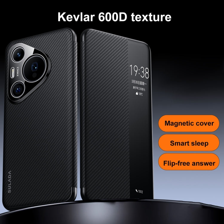 Funda de Cuero con Ventana Inteligente y Textura Kevlar 600D para Huawei Mate 70 (Marrón)