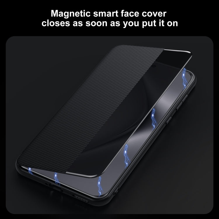 Funda de Cuero Sulada con Ventana Inteligente y Textura Kevlar 600D para Huawei Mate 70 Pro/Mate 70 Pro+ (Negra)