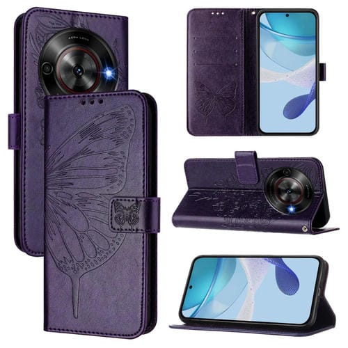 Funda de Cuero con Relieve de Mariposa para ZTE Blade A75 5G Nubia Focus (Morado Oscuro)