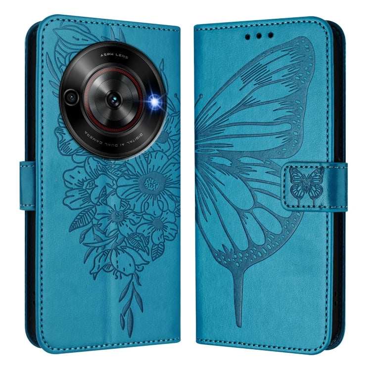 Funda de Cuero con Relieve de Mariposa para ZTE Blade A75 5G y Nubia Focus (Azul)