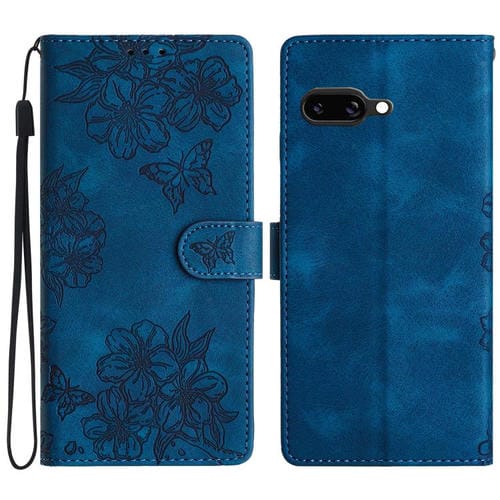 Funda de Teléfono PU con Relieve Mariposa y Flor de Cerezo para Google Pixel 9A (Azul)