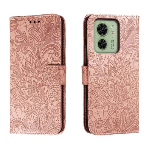 Funda de Cuero para Motorola Edge 40 con Tapa y Estampado de Flores de Encaje (Oro Rosa)