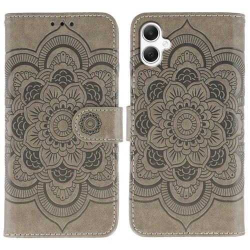 Funda de piel con estampado de mandala y sol para Samsung Galaxy A05 (gris)