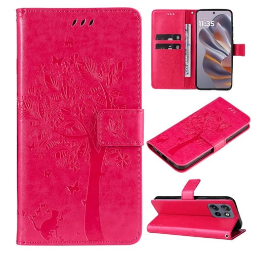 Funda de Cuero con Tapa para Motorola Edge 50 Neo con Diseño Árbol y Gato en Relieve (Rosa Rojo)