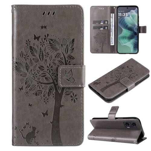 Funda de Cuero con Tapa para Motorola Moto G35 con Diseño Árbol y Gato en Relieve (Gris)