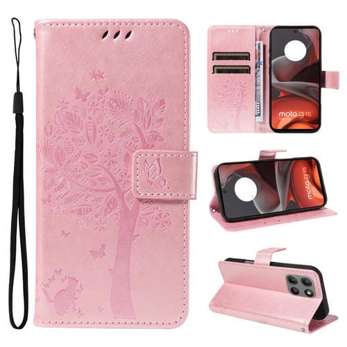 Funda de Cuero con Tapa para Motorola Moto G15 con Diseño de Árbol y Gato en Relieve (Oro Rosa)