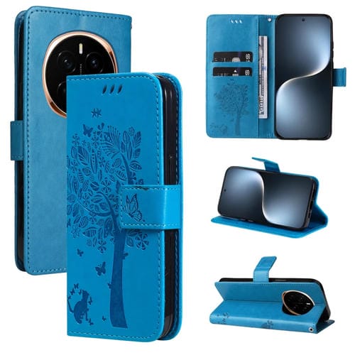 Funda de Cuero con Tapa para Honor Magic7 Estampado Árbol y Gato (Azul)
