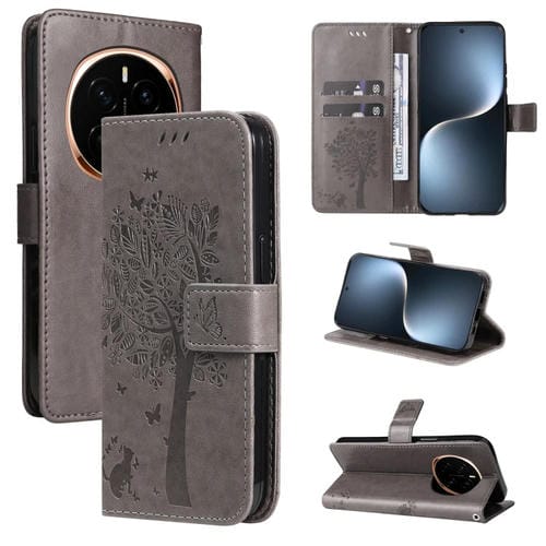 Funda de Cuero con Tapa para Honor Magic7 con Estampado de Árbol y Gato (Gris)
