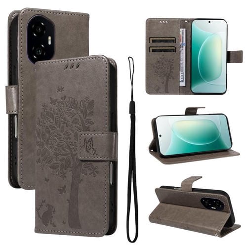 Funda de Cuero con Tapa para Honor 300 con Diseño Árbol y Gato en Relieve (Gris)